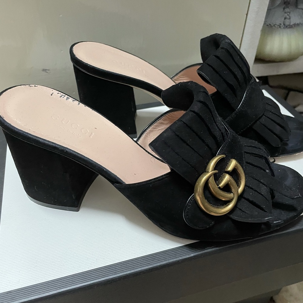 Gucci Marmont GG black suede fringe mules heels